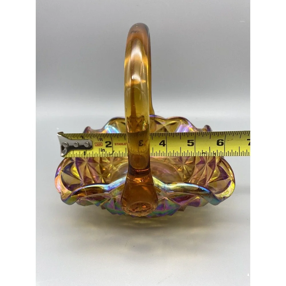 Vintage Indiana Glass Monticello Yellow Mist‎  Carnival Glass Basket With Handle